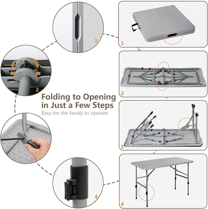 OS MOTOR 4ft Folding Table with Carry Handle, Portable Heavy Duty Plastic Utility Table with Steel Legs for Party, Wedding, Camping, Indoor, Outdoor Event, 48 Inch, Gray