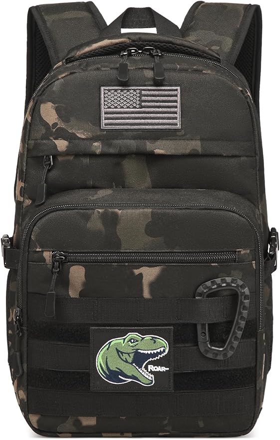 Kids Tactical Backpack Army Molle Bookbag Military Boys Backpack for School, Outdoor, Camping (Includes 2 Patches+1Carabiner), Black CM