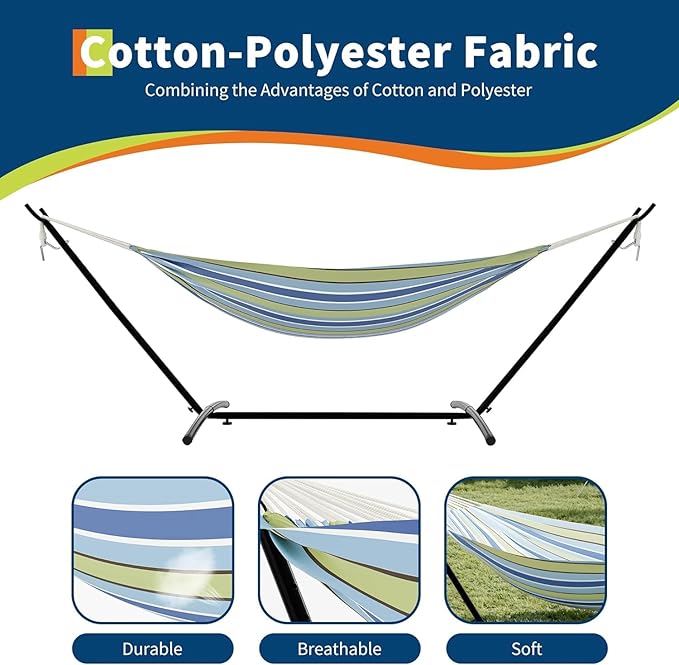 TrailBlaze Double Person Heavy Duty Hammock with Space-Saving Steel Stand, 450lb Capacity, Portable Carrying Case, Premium Balance Beams, Indoor/Outdoor Use - Blue and Green Stripes