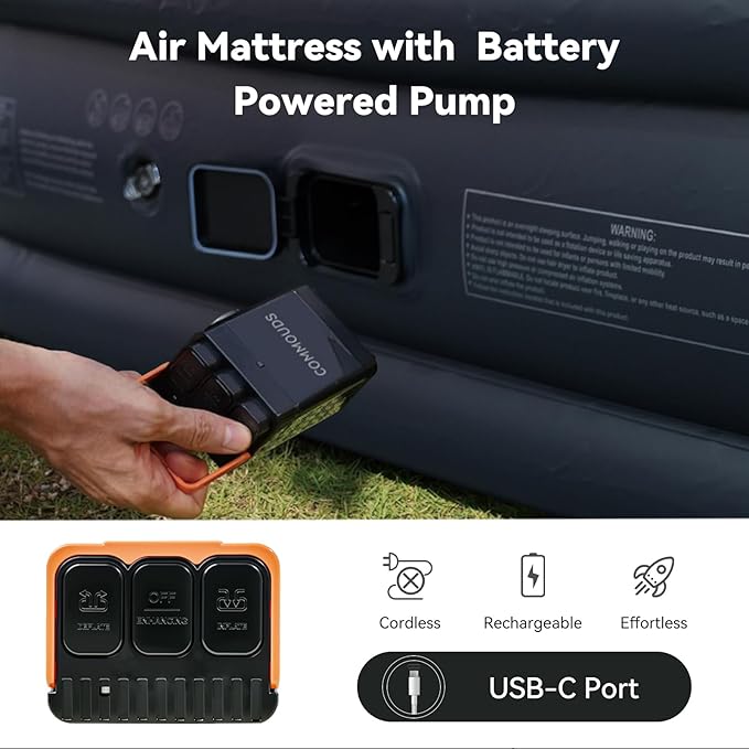 COMMOUDS Queen Air Mattress with Built-in USB Rechargeable Air Pump, Camping Blow up Mattress, Portable Inflatable Mattress, Air Bed for Outdoor, Travel, Home and Guest, 8" Raised