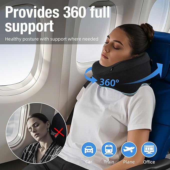 Teemour Neck Pillow for Traveling, Travel Neck Pillow for Airplane Travel Essentials Memory Foam Travel Pillow for Flight with 360° Support Portable, Design for Airplane, Car & Office