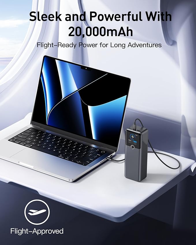 SIXTHGU Laptop Power Bank, 3-Port 20,000mAh Portable Charger with 200W Max Output, PD 3.1 Fast Charging, Flight-Approved for Travel, PowerTower, for MacBook, iPhone 17/16 Series, and More(Grey)