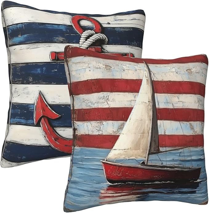 Striped Nautical Throw Pillow Covers 18x18 inch Set of 2 Boat Anchor Pillow Case Cushion Cover for Home Sofa Couch Living Room Car Decor