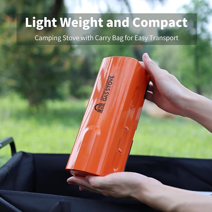 INFOOD Portable Butane Gas Camping Stove - 7500 BTU Compact Folding Design with Carry Bag for Backpacking, RV Trips, Picnic & Outdoor Indoor Cooking, Orange