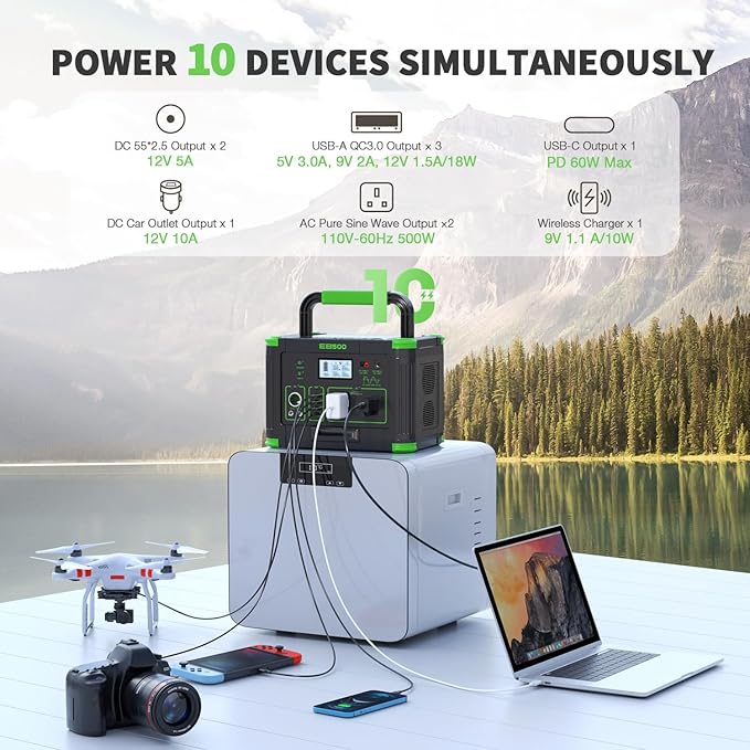 Portable Power Station 500W, 519Wh Solar Generator with 2x110V AC Outlets & USB-C PD 60W, 10-Port Power Bank with Wireless Charger for Outdoors Camping Travel Home Blackout