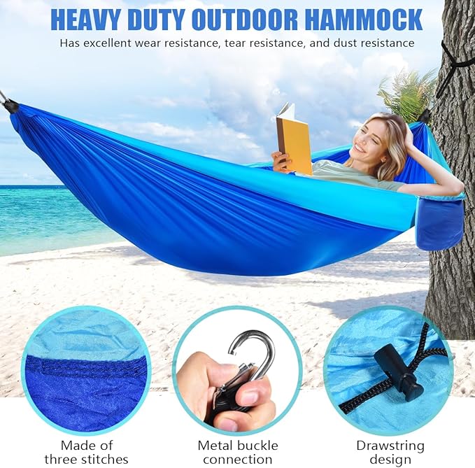OBTANIM Camping Hammock 500lbs Portable Lightweight Single or Double Hammock with Tree Straps and Carry Bag for Camping Backpacking Hiking Travel Beach Outdoor Indoor (Blue and Dark Blue)
