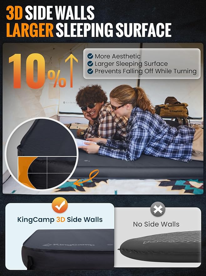 KingCamp Self Inflating Sleeping Pad, Insulated Air & Foam Camping Mattress 2 Person for All Seasons, 3" Thick Full Double Size Sleeping Mat for Camp Tent Outdoor Car, PVC Free，R 3.5/7.9 Dual Side