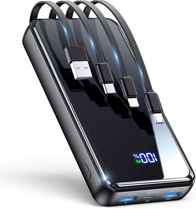 Portable Charger,50000mAh Power Bank Built-in Cable, 22.5W PD USB C In & Out Fast Charging, External Battery Pack with 6 Output & 2 Input, Travel Phone Charger for iPhone 17/16/15/14/13/12(Black)