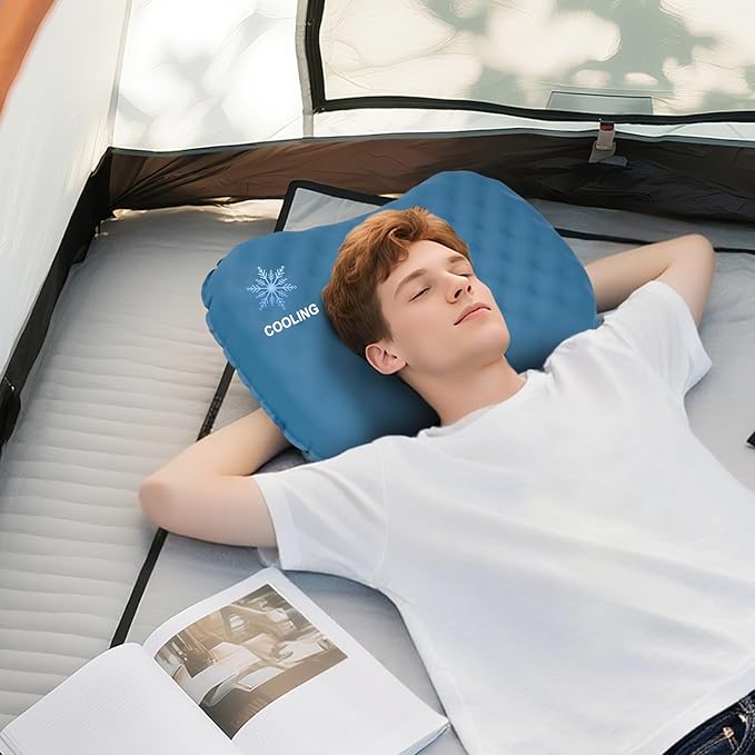 UWILLION Camping Pillow with Ice Silk Memory Foam Cover - Ultralight Inflatable Pillow for Camping Lightweight, Ergonomic and Washable for Camping, Hiking, and Travel Blue