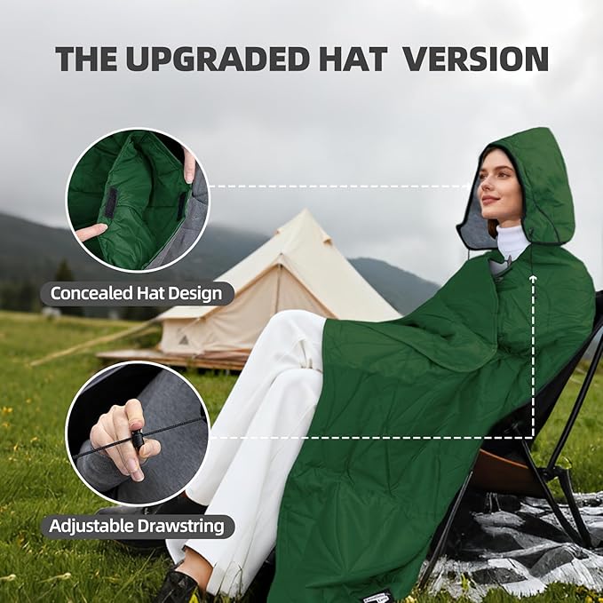 Large Outdoor Waterproof Blanket Extra Thick Fleece Stadium Blanket for Camping, Car, Pet, Picnics - Windproof, Wearable, Machine Washable 80" x 58" (Green,Hooded)