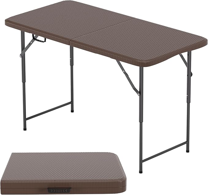 BestOffice 4 FT Picnic Table Folding Table Camping Plastic Table Fold Up Table Lock for Party Event, Brown Ratten