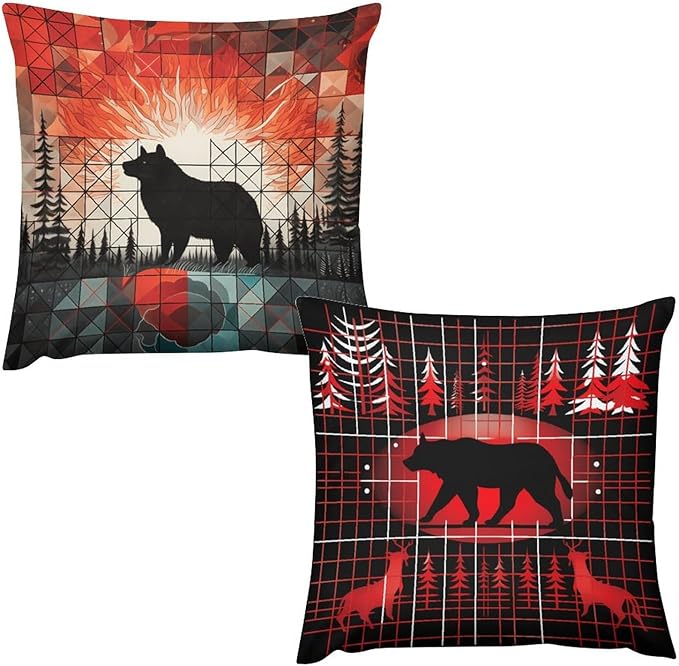 ITFRO Set of 2 Birthday Gift Nature Wildlife Bear Deer Forest Bonfire Pine Tree Short Plush Both Sides Square Retro Geometry Throw Pillow Cover Cushion Case Farmhouse Sofa Decor 18x18 Inches (Bear)