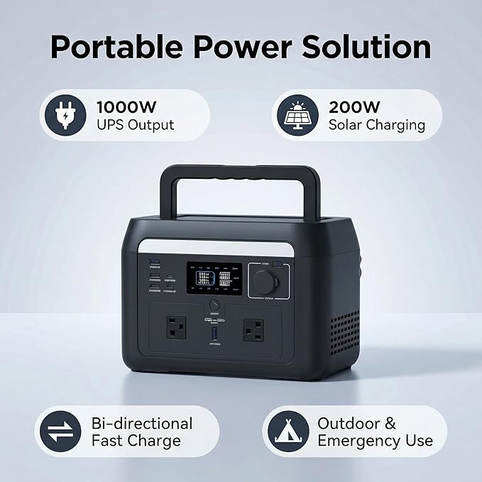 1000W Solar Generator Kit, 614.4Wh Power Station with 200W Foldable Solar Panel, Bidirectional Inverter, 1.5H Fast Charge, LiFePO4, WiFi/APP, <10ms EPS for Camping, RV