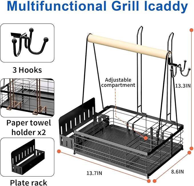 Grill Caddy with Plate Holder and 2Paper Towel Holder, Picnic BBQ Condiment Utensil Organizer Caddy for Outdoor Cooking, RV, Camping Essential, Camper Must Haves, Grilling Gifts for Men