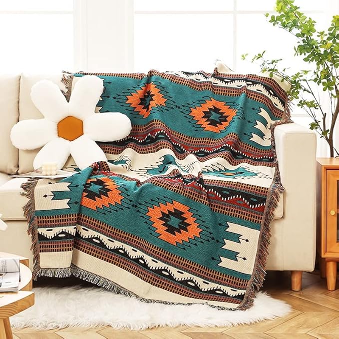 Lqprom Southwest Throw Blankets Aztec Southwestern Throws Cover Boho Native American Blankets for Gift Sofa Table Bed Living Room Decor Outdoor Camping Picnic Tent Beach Car Traveling 63"x87"