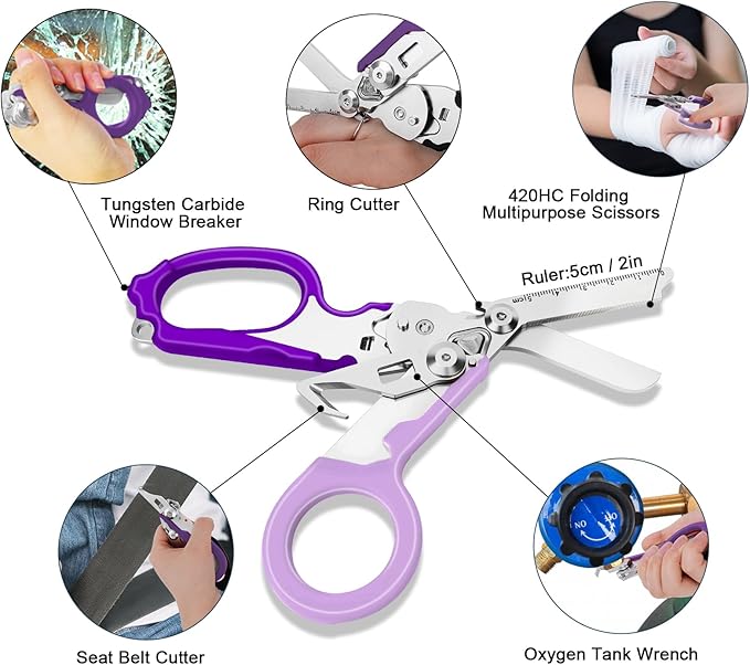 6 In1 Multifunction Emergency Response Shears, Stainless Steel Foldable Trauma Shears with Strap Cutter and Glass Breaker,Medical Scissors with Holster and Penlight Purple