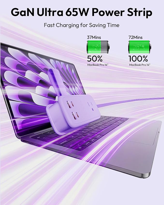NTONPOWER GAN Ultra 65W USB Fast Charging Station, 7 in 1 Travel Power Strip with 3 Outlets 4 USB (2 USB C), Extension Cord 4ft, Cruise Essentials Compatible with MacBook, iPhone,Purple
