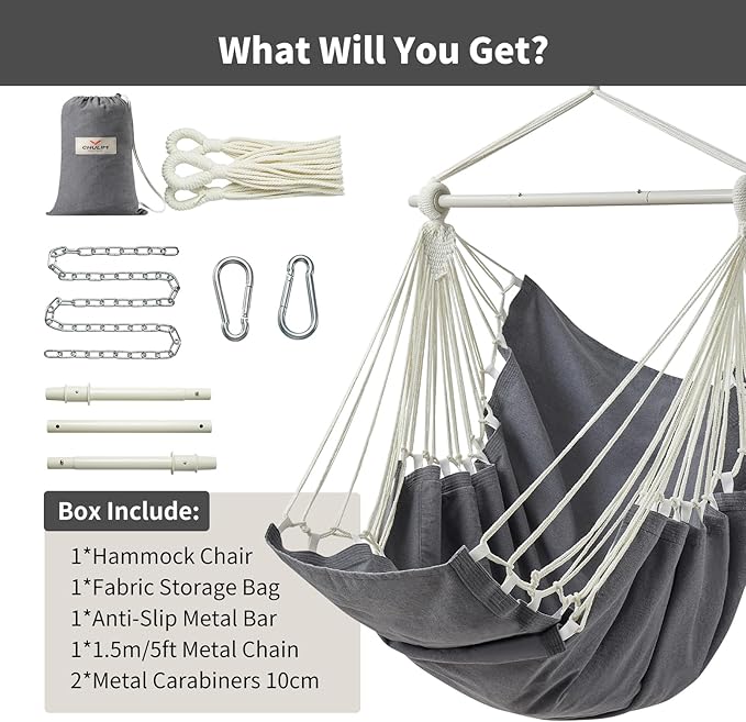 CHULIM Hanging Hammock Chair Swing MAX 500 lbs Outdoor Hanging Chair with Footrest Indoor Swing Chair with Portable Steel Spreader Bar and Hardware Kit for Bedroom Living Room Patio Porch - Dark Grey
