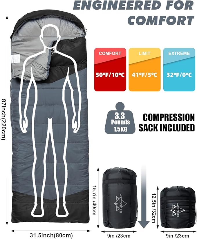Lightweight 3-Season Sleeping Bag for Adults/Kids Camping, Compact w/Compression Sack, Waterproof Ripstop, Portable for Backpacking Hiking Travel