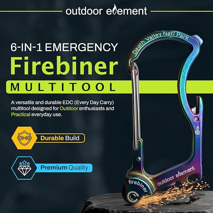 OUTDOOR ELEMENT Firebiner Custom Engraved 6-in-1 Fire Starter Carabiner Multitool – Survival Gear EDC Keychain with Utility Blade, Bottle Opener, Screwdriver, Emergency Tool