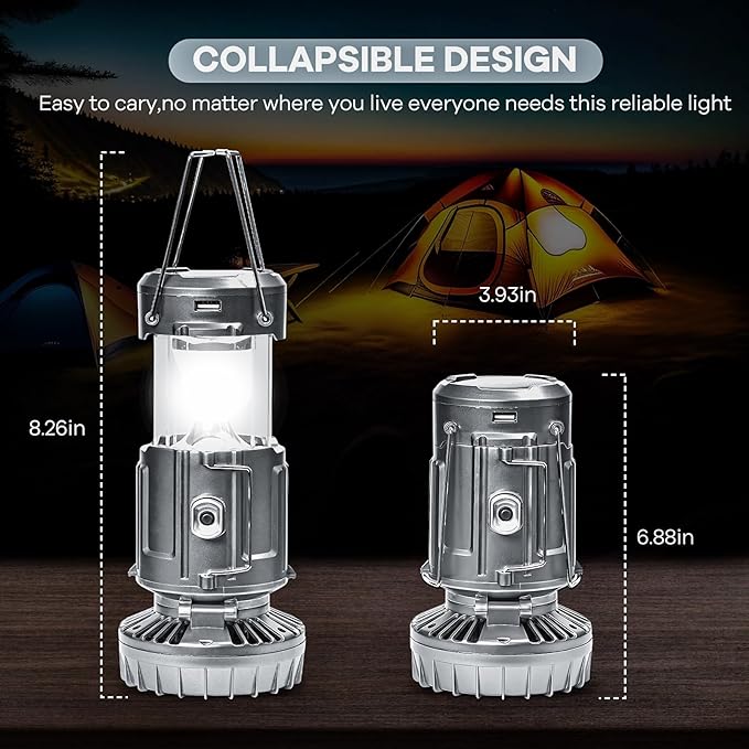 Solar Camping Lantern with Fan & Phone Charger, Portable Rechargeable Power for Hurricanes, Emergency, Power Outage and Camping Gear, Silver