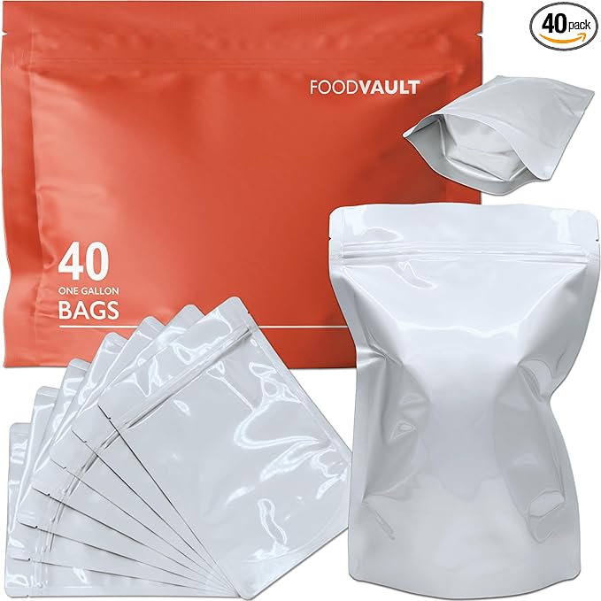 1 Gallon Mylar Bags, 16 Mil Total Thickness, Large Stand-Up Resealable Mylar Bags for Long Term Food Storage, Freeze Drying [40-Pack | 10" x 14" x 5"]