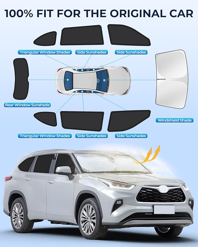 for Toyota Highlander 2020-2025 Car Window Shades, 8pcs Privacy Sun Shade Set for Front Windshield Side and Rear Windows, Full Window Covers Keeps Vehicle Cool for Camping Napping