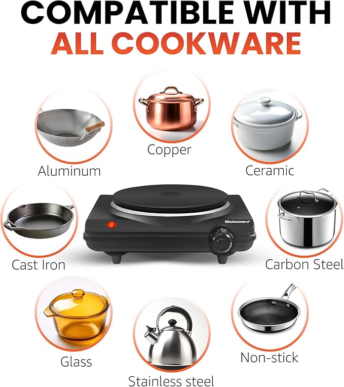 Elite Gourmet ESB-301BF# Countertop Single Cast Iron Burner,1000 Watts Electric Hot Plate,Temperature Controls,Power Indicator Lights,Easy to Clean,Black,(Pack of 4)