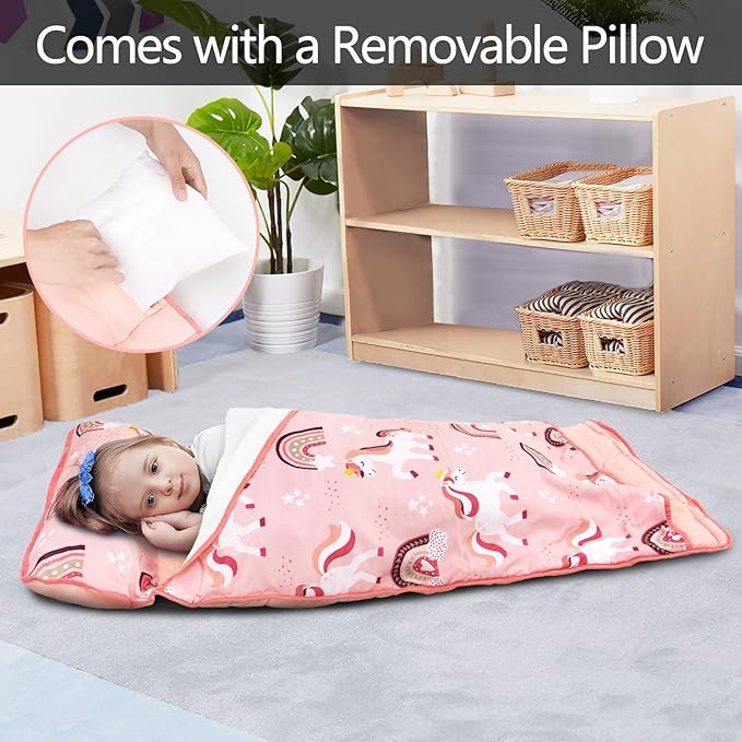 Primlect Lightweight Toddler Nap Mat, Portable Rolled Design Perfect for Daycare Travel, 51”x31 All-in-One Sleeping Bag with Removable Pillow and Fleece Blanket for Boys Girls, Machine Washable