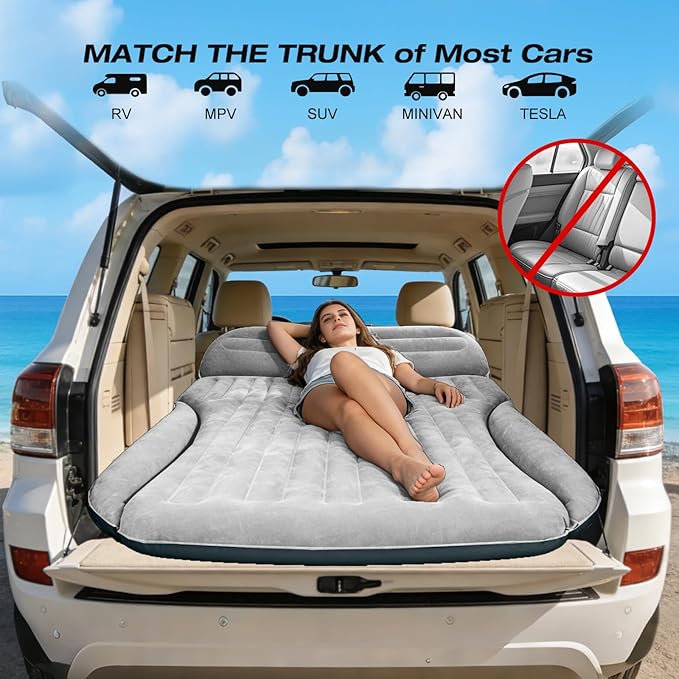 Ciremiv SUV Air Mattress, Double-Sided Thick Flocked Car Air Mattress with Built-in Pump & Pillow, Complete Sleeping Accessories for Auto Camping & Road Trips（Light Grey）