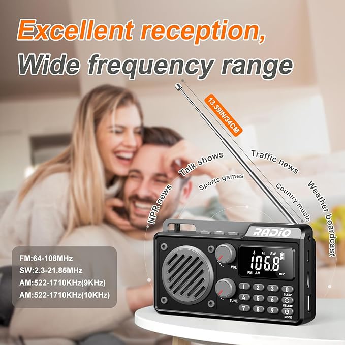 Portable Radio AM FM 1500mAh Rechargeable with Best Reception, Transistor shortwave Radio Wireless Bluetooth Speaker, with Large LCD Screen, Support TF Card U Disk, Earphone, Sleep Timer (Black)