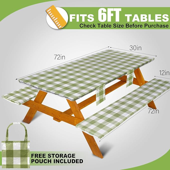 Picnic Table Cover with Bench Covers Vinyl Elastic Edges Fitted Rectangle Seat Tables Waterproof 3-Piece72X30in Set Outdoor Rectangular Folding Backing Tablecloth for Camping Over Size