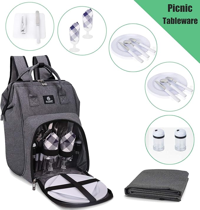 ALLCAMP Picnic Backpack for 2 Person - Insulated Cooler Bag with W/Fleece Blanket, Plates and Cutlery Set, for Family Outings, Couple Gifts