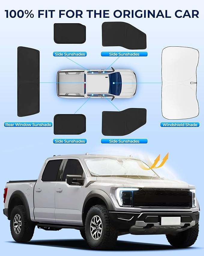 for Ford F150 4Door 2021-2025 Car Window Shades, 6pcs Privacy Sun Shade Set for Front Windshield Side and Rear Windows, Full Window Covers Keeps Vehicle Cool for Camping Napping