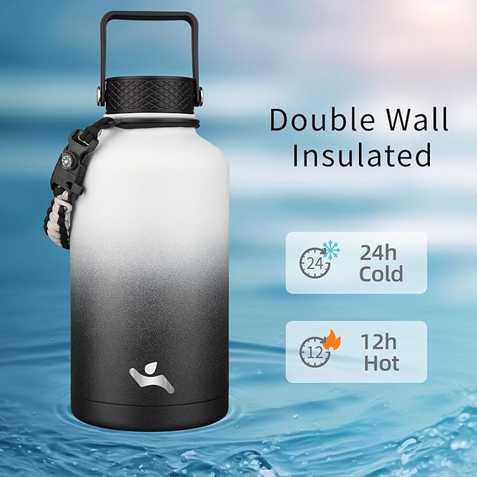 Konokyo Half Gallon Insulated Water Bottle with Straw,64 oz 3 Lids Water Jug with Carrying Bag,Paracord Handle,Double Wall Vacuum Stainless Steel Metal Flask,Day Night