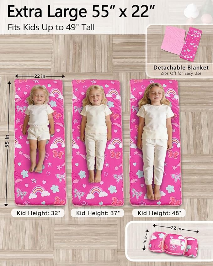 Primlect Toddler Nap Mat Extra Large Thickened 55''x35'', Soft Sleeping Bag with Detachable Minky Blanket and Pillow, Portable for Daycare, Preschool, Kindergarten, Travel, Boys and Girls