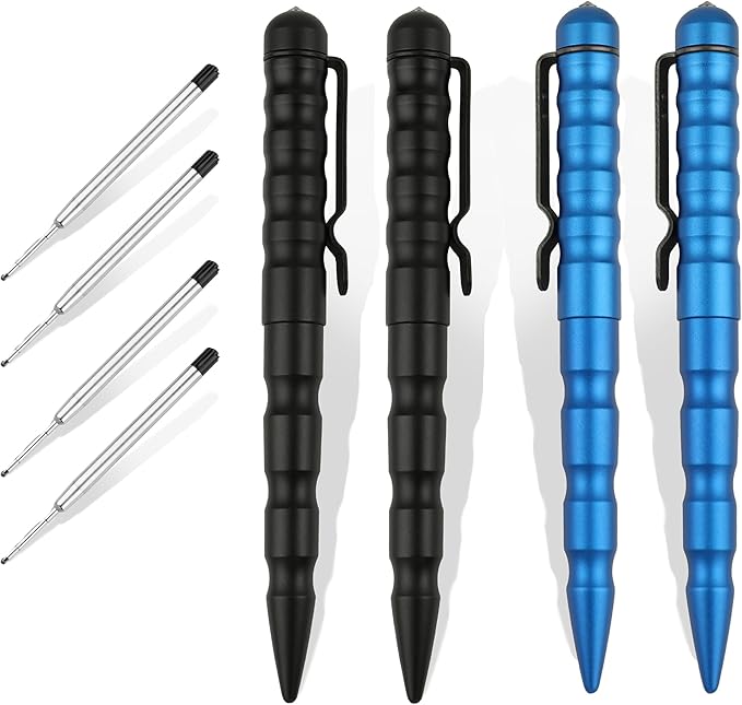 DISPATCH 6” Tactical Pen with Aircraft-Grade Aluminum Body, Self Defense & Glass Breaker Emergency Tool, Smooth Writing EDC Pen with Refill Set (4 Pack – 2 Black & 2 Blue)