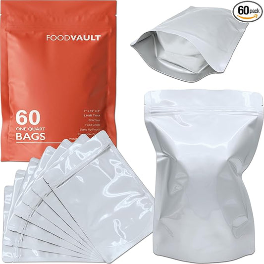1 Quart Mylar Bags, 16 Mil Total Thickness, Stand-Up Resealable Mylar Bags for Food Storage, Freeze Dryer [60-Pack | 7" x 10" x 4"]