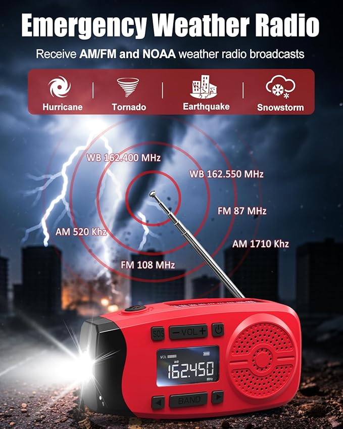 Runningsnail Emergency Weather Radio, 7400mWh Hand Crank Emergency Radio with LCD Display, Support Weather Alert Radio, USB/Solar/Hand Crank, 1W Flashlight & SOS Alarm for Outdoor & Home Emergency