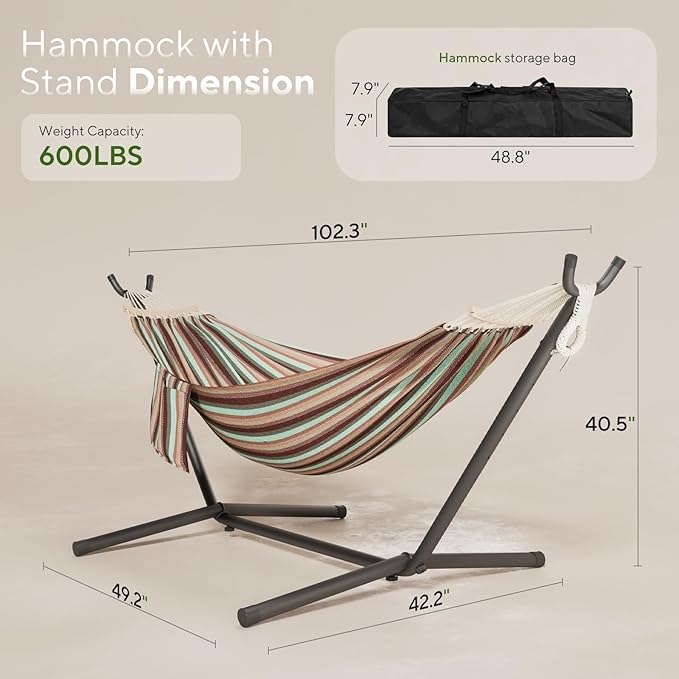 600lbs Hammock with Stand for Outside, 2 Person Portable Hammock with Side Storage, Carrying Bag, Expend Wooden Bar for Outdoor or Indoor (Dark Rainbow)