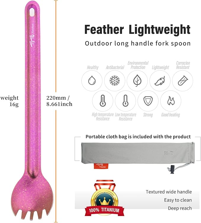 TiTo Titanium Long Handle Spork and Spoon Eco-Friendly Ultralight Portabale Flatware for Outdoor Camping Backpacking Hiking Travel Picnic Tableware with Bag (Bright Rose Spork)
