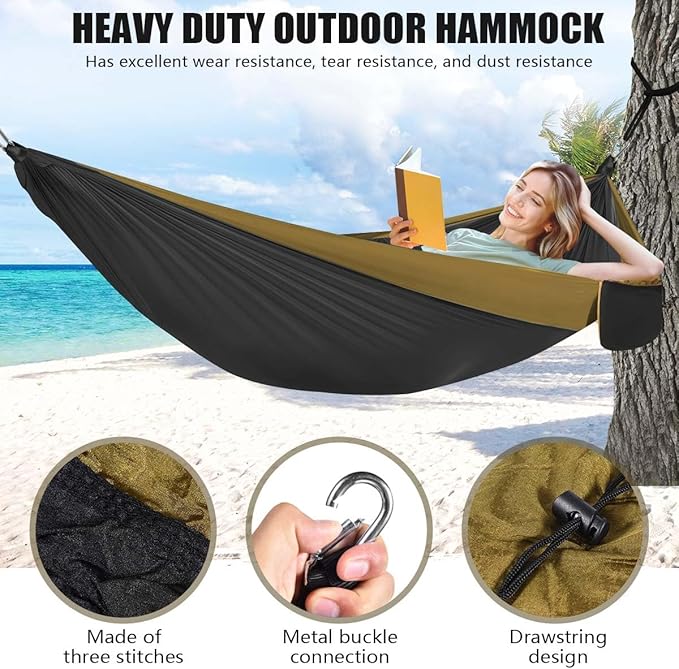 OBTANIM Camping Hammock 500lbs Portable Lightweight Single or Double Hammock with Tree Straps and Carry Bag for Camping Backpacking Hiking Travel Beach Outdoor Indoor (Camel and Black)