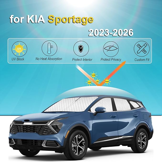 KMF 8pcs Thicken Sun Shades for KIA Sportage 2023-2025 2026 Accessories, Custom Fit Full Car Window Covers for Windshield Side Rear, UV Block and Blackout Privacy for Camping Outdoor
