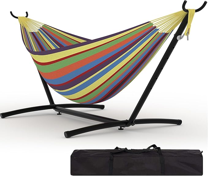 Double Hammocks with Stand for Outside, Portable Space Saving Heavy-Duty Steel Stand for Indoor Outdoor Patio with Carrying Bag, 450 lbs Capacity (Rainbow Stripes)