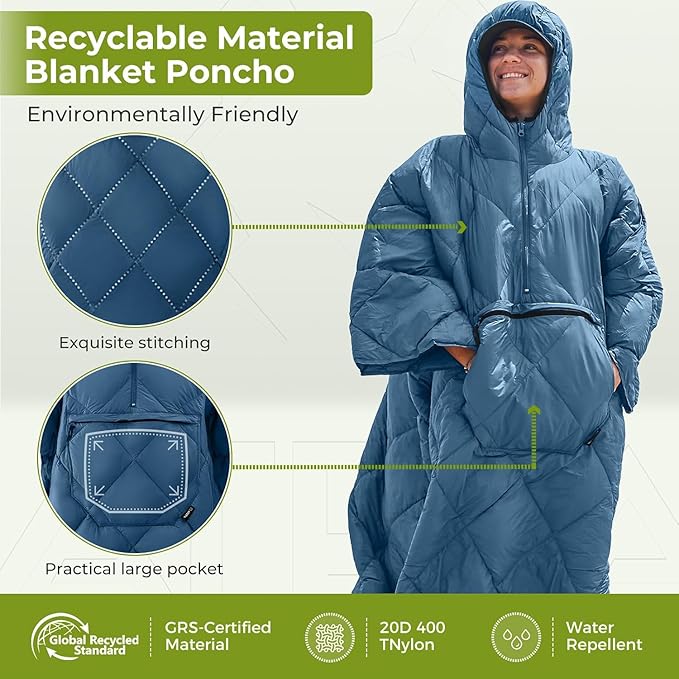 ATEPA Wearable Sleeping Bag, Recycled Water-Resistant Camping Blanket Poncho, Ultralight Packable Stadium Blanket for Outdoor