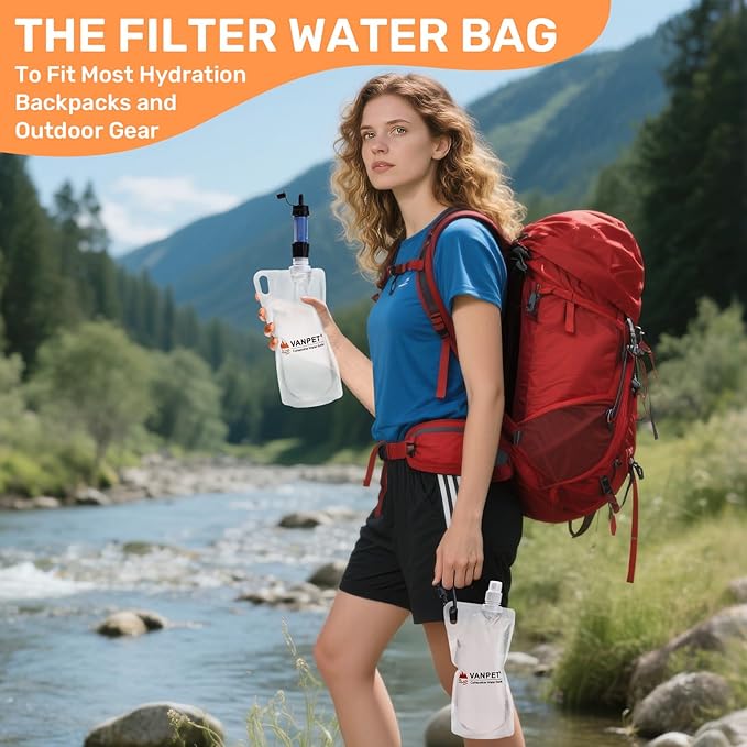 VANPET 2L&1L Water Bag Compatible with Sawyer Squeeze Water Filter, Durable TPU Material, BPA & PVC Free Squeeze Pouch, Collapsible Hydration Canteens for Camping Hiking Cycling