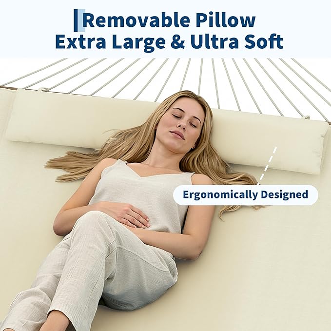 2 Person 12FT Hammocks for Outside, Double Quilted Fabric Outdoor Hammock with Spreader Bar, Large Removable Pillow, Storage Pockets, Carabiners, Max 450 Lbs Capacity