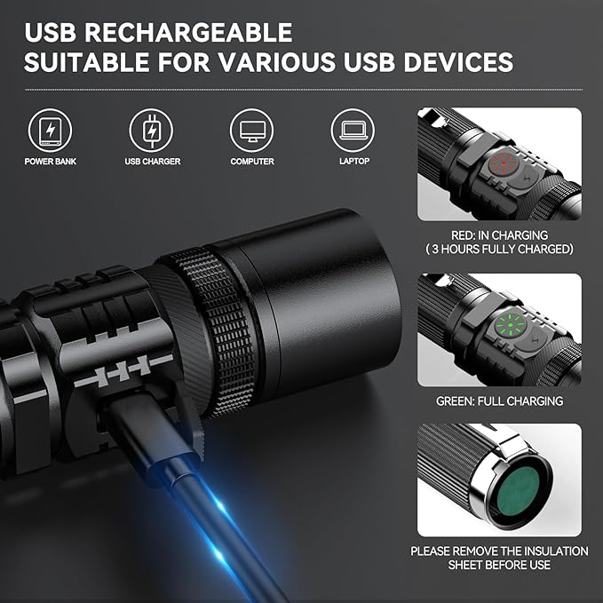 RECHOO Flashlights USB Rechargeable 2 Pack Double Switch S3000L LED Tactical Flashlight High Lumens Super Bright 5 Modes Zoomable Waterproof Flashlight for Camping, Emergency