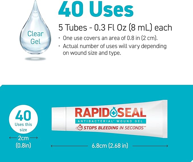 Rapid-Seal Wound Gel (5 Tubes) | Stops Bleeding in Seconds, Ideal for Cuts, Scrapes and Razor Nicks for Emergency First Aid Supplies