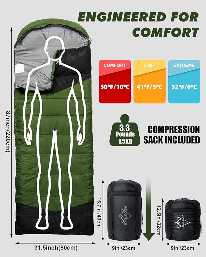 Lightweight 3-Season Sleeping Bag for Adults/Kids Camping, Compact w/Compression Sack, Waterproof Ripstop, Portable for Backpacking Hiking Travel